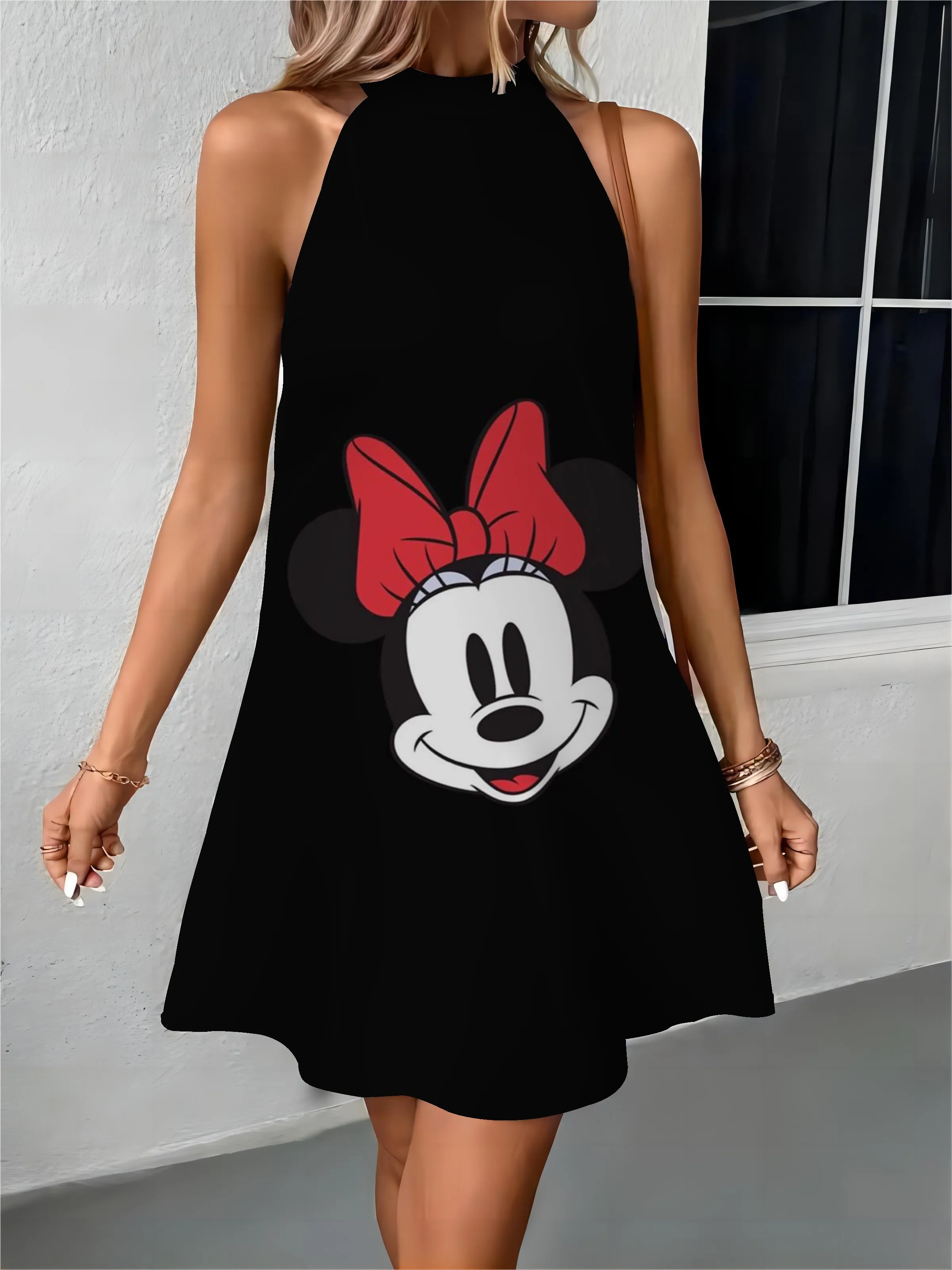 Disney Vintage Dresses Woman Apron Bow Knot Minnie Mouse Mickey Beach Dress Off Shoulder Womens Fashion Summer 2024 Party Midi