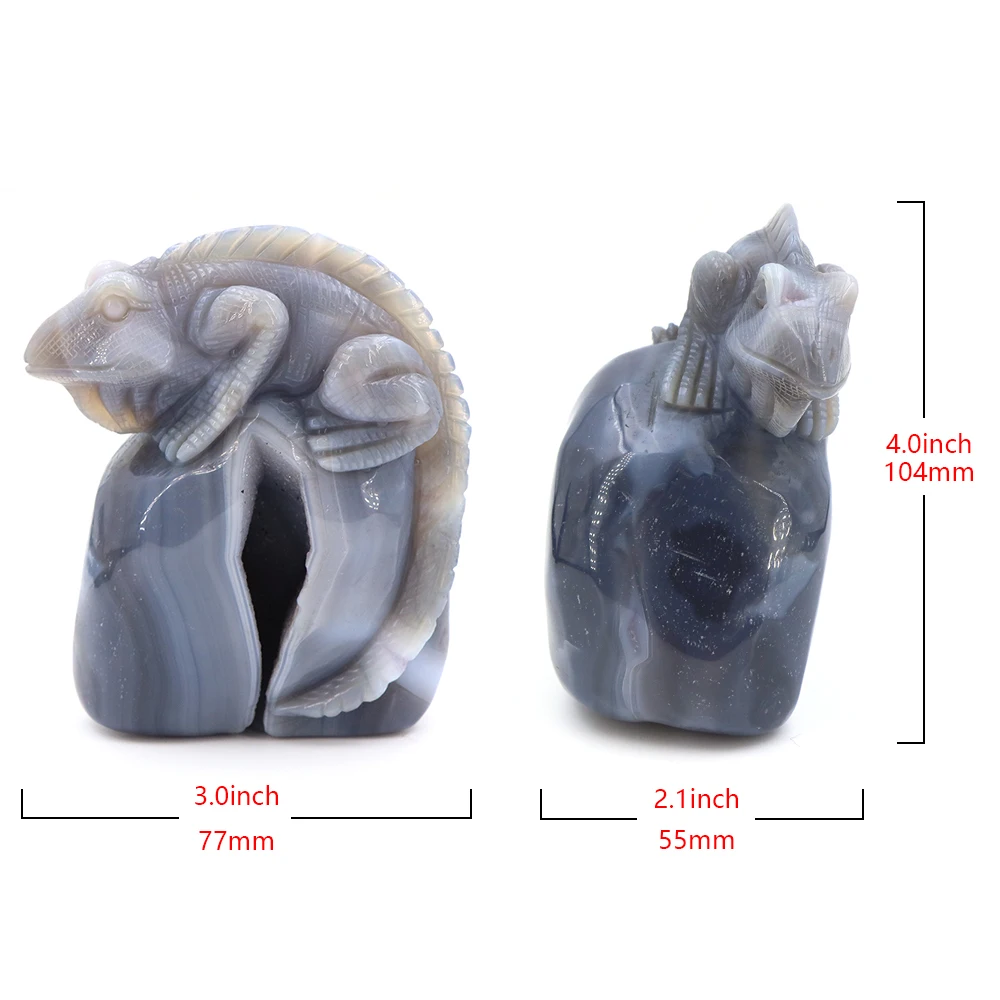 Lizard Figurine Natural Gem Gray Agate Geode Crystal Carved Reiki Healing Crystal Animal Statue Handicraft Home Decoration Gifts