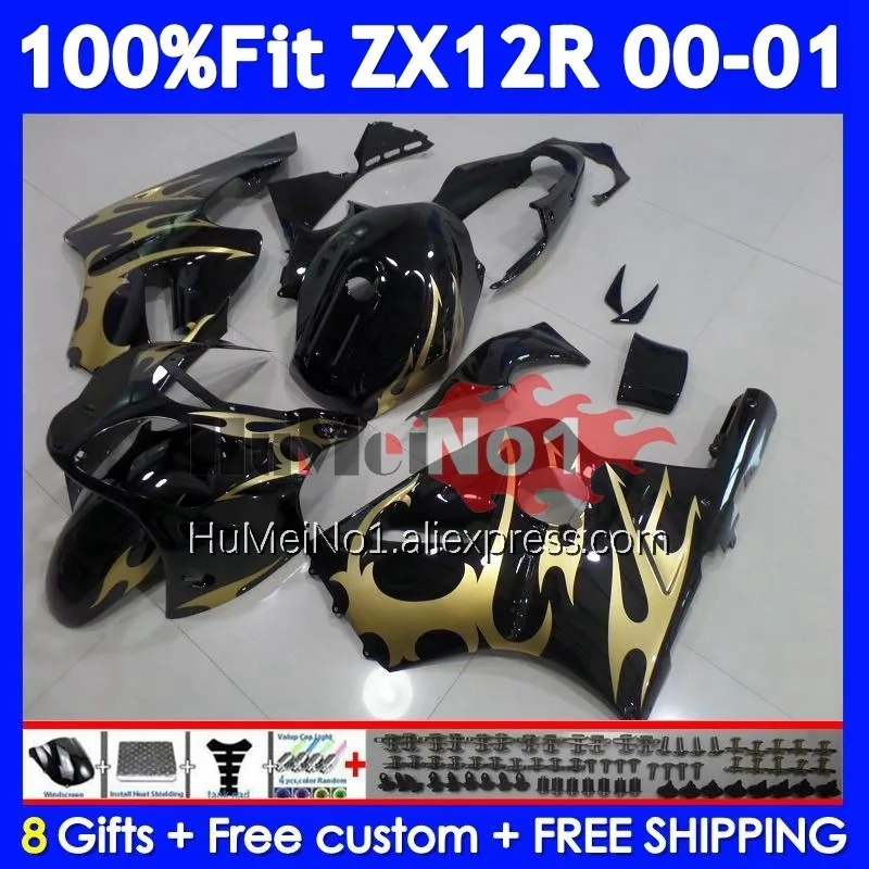 OEM Body For KAWASAKI NINJA ZX-12R ZX Gold Flames 12R 12 R 1200 225No.0 ZX1200 1200CC ZX12R 00 01 2000 2001 Injection Fairing