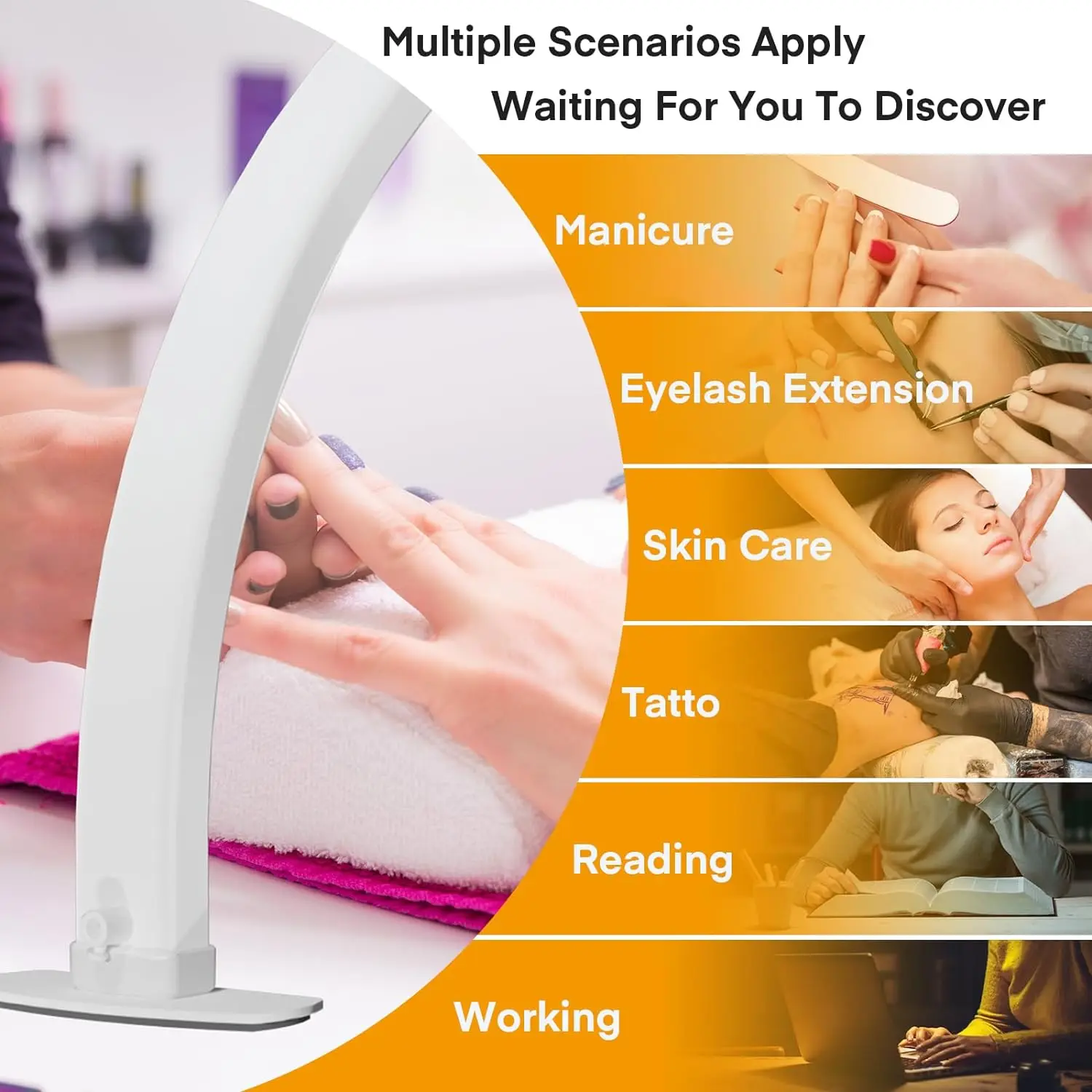 Lumière LED demi-lune pour Nail Tech, grand arc pliable de 23/29 pouces pour lampe de bureau à ongles avec support de téléphone pour Salon de manucure