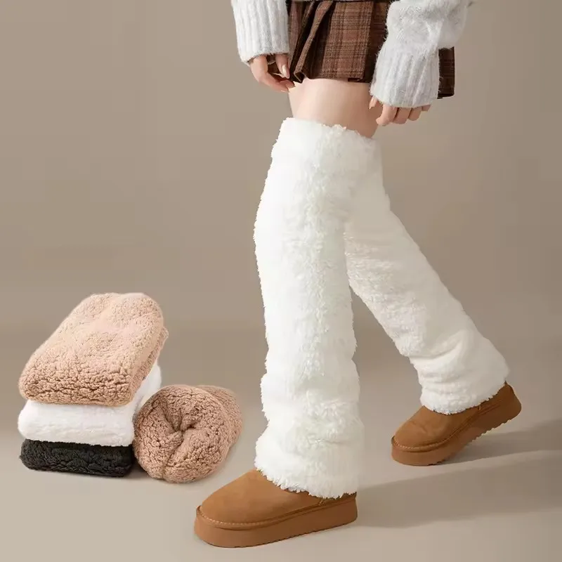 Women Coral Fleece Knee High Socks Winter Warm Knee Pads With Thicken Velvet Fleece Leg Warmers Thermal Stockings Boot Cuffs