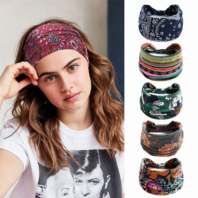 European and American retro Colorful Cashew Hair Band Paisley Pattern Wide Version Headband Sports Yoga Elastic Headwear Women
