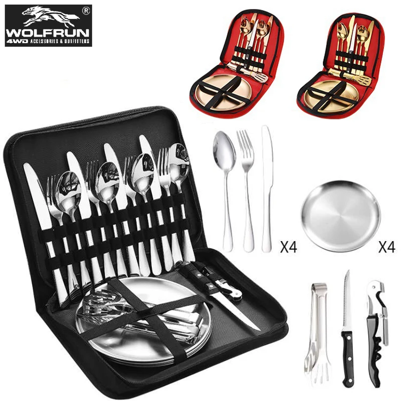 

Stainless Plate Spoon Knife Fork Tong Outdoor Camping Cutlery with Storage Box 10Pc Picnic Portable Set Camping Hiking Tableware
