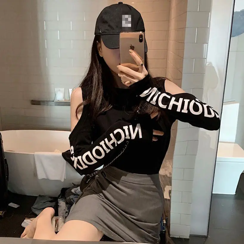 Sexy Off Shoulder Slim T Shirts Spring Autumn New Long Sleeve Hollow Out Letter Printing Fashion Tops Y2K Casual Women Clothing