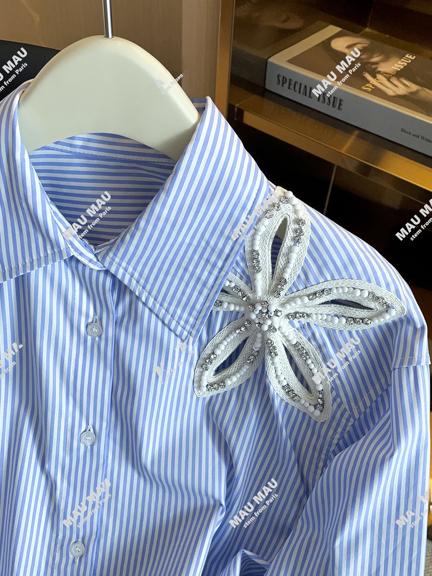 قميص نسائي راقٍ بتصميم مخرم ومخطط مع زهور مرصعة، أسلوب كاجوال للعمل، قصة فضفاضة بأكمام طويلة وأزرار