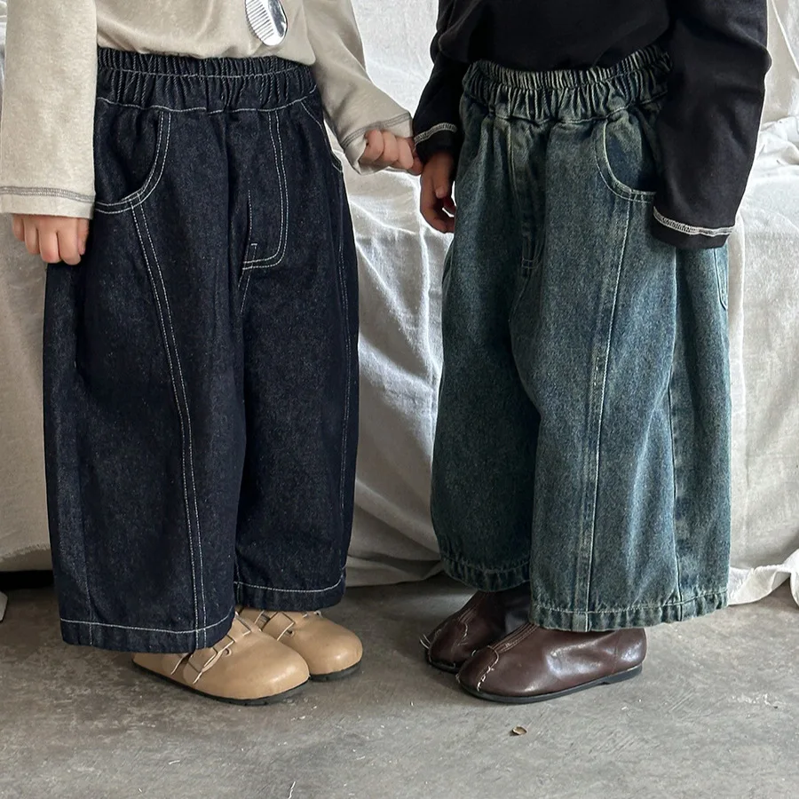 Autumn New Kids Wide Leg Pants Splicing Boys Loose Straight Trousers Girls Baby Elastic Waist Denim Pants Childrens Clothes