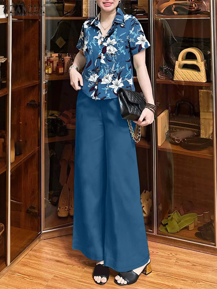 

ZANZEA Wide-Leg Solid Pants Floral Print Short Sleeve Shirts Pant Sets Everyday Women Commute Vacation 2PCS Outfits 2 Piece Sets