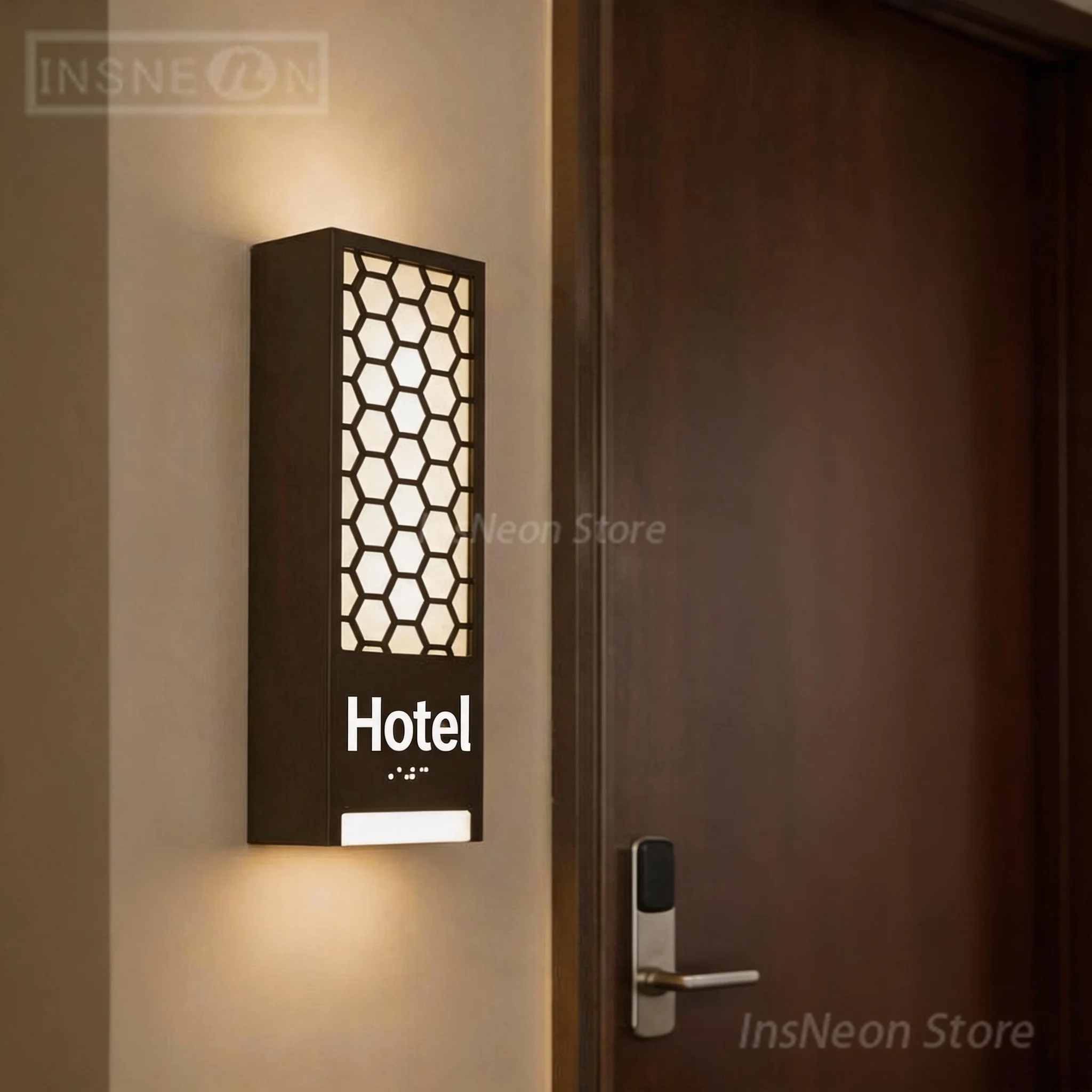 LED Hotel Door Sign with Braille, Honeycomb Hollow Illuminated Wall Plaque, Custom Room Number Lighted Sign for Hotel Corridor