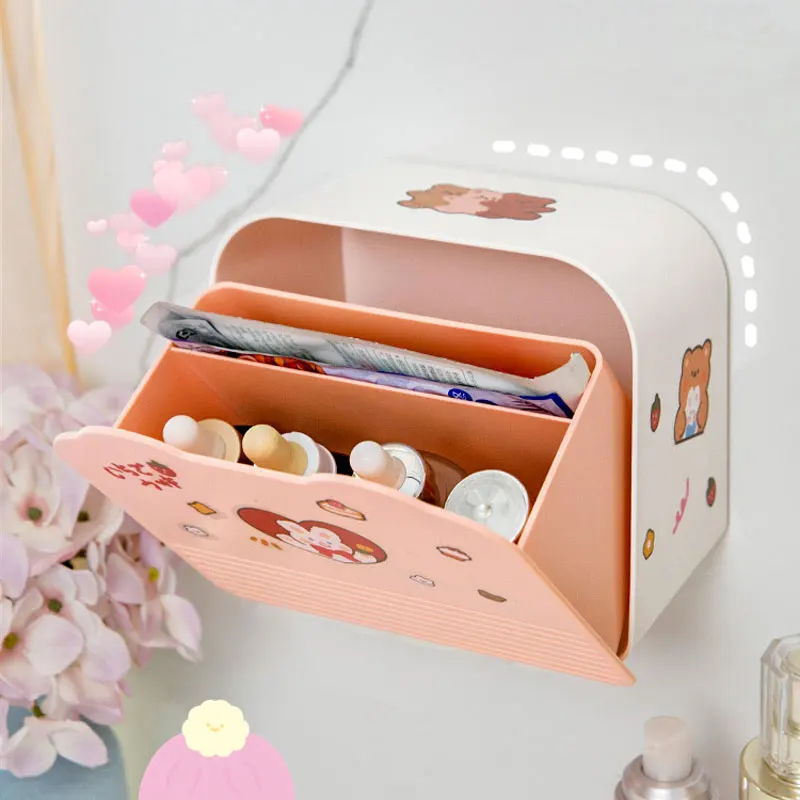 W&G Kawaii Storage Organizer Adhesive Large Storage Box Sanitary Napkin Cosmetics Organizer Decorative Box Bathroom Accessories