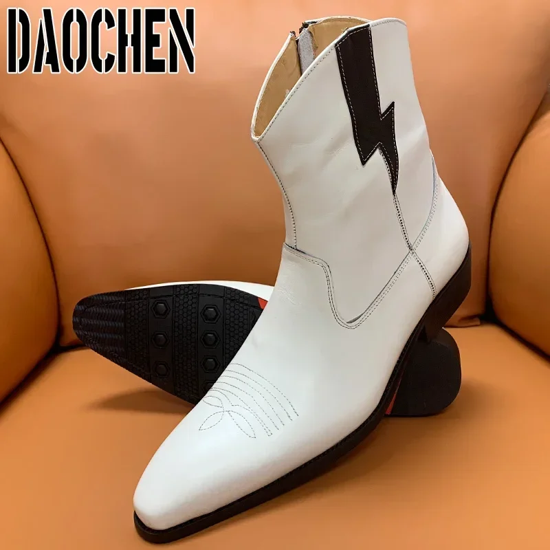 Luxury Brand Men Ankle Boots Zipper Chelsea Boots Shoes Lightning White Casual Mens Dress Shoes Real Leather Men\'s Boots