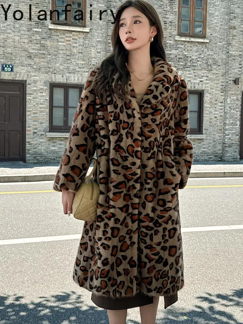 YOLANFAIRY جودة عالية المنك معطف الفرو الحقيقي امرأة الشتاء بدلة على الموضة طوق أنيقة منتصف طول معاطف الفراء ليوبارد الفراء سترة 2025