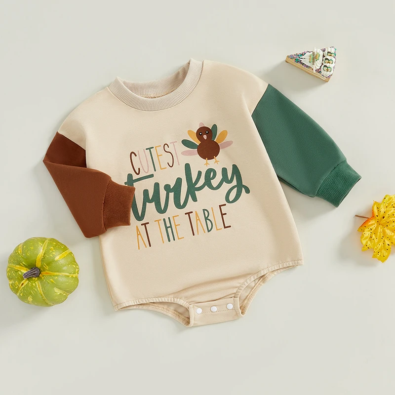 2024-07-15 Lioraitiin Baby Thanksgiving Sweatshirt Romper Letter Turkey Print Contrast Color Long Sleeve Fall Jumpsuits