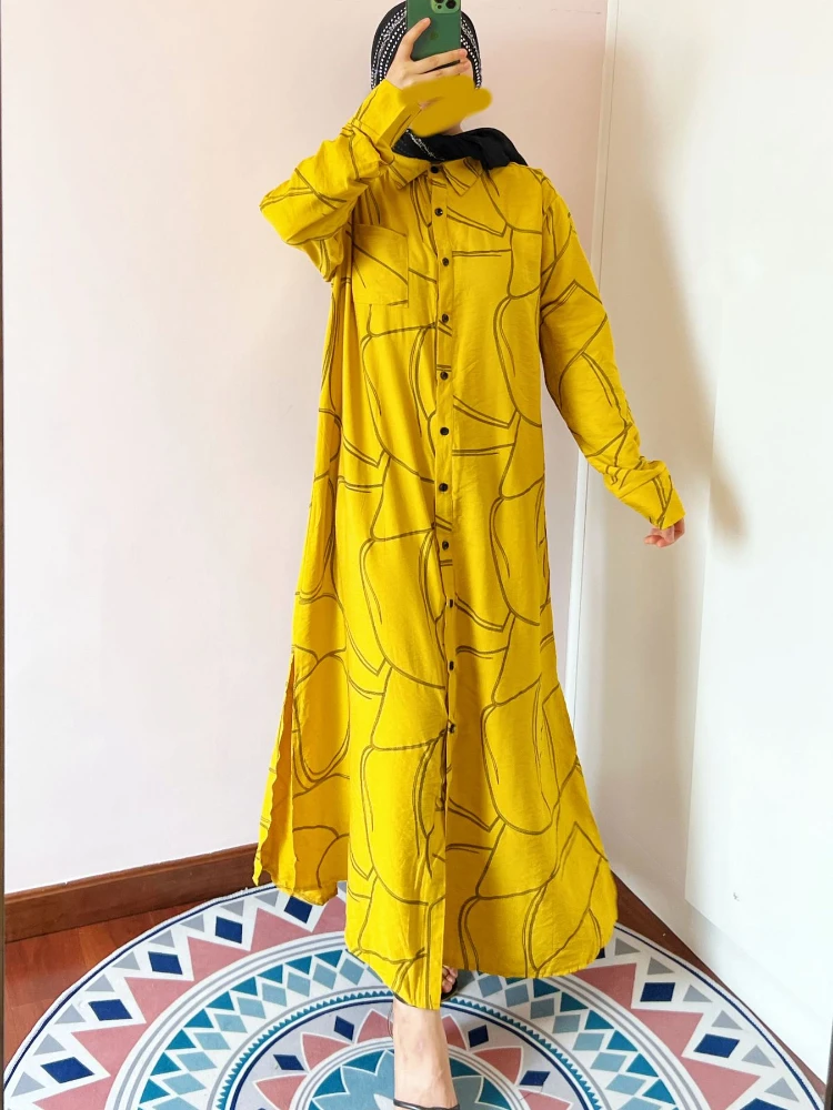 Morocco Muslim Shirt Dress Women Abaya Kaftan Print Casual Split Dresses Women Dubai Turkey Islam Long Dress Robe Femme Vestidos