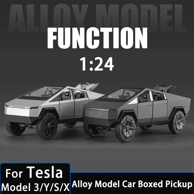 

1/24 Mini Tesla Cybertruck Pickup Trailer Alloy Car Model Diecast Metal Toy Off-road Vehicle Truck Model Sound& Light Kids Gifts