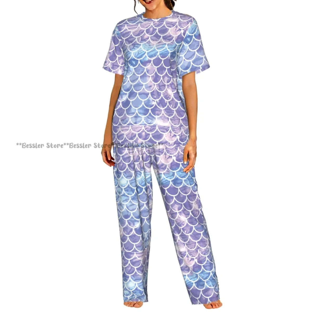 

Women's 2-piece set Lilac Mermaid Scales Pajamas Short sleeved Top and Pants Sleepwear