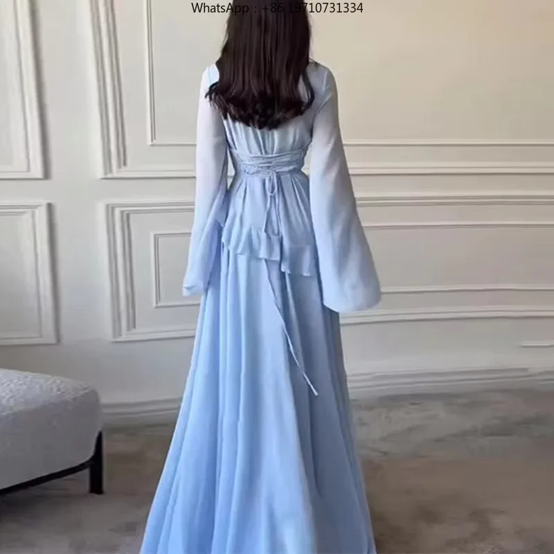 Robes for Woman Elegant O Neck Solid Ruffles Party Pleated Dress Spring Autumn Flare Sleeve Tie-up Slim Female Clothing Vestidos