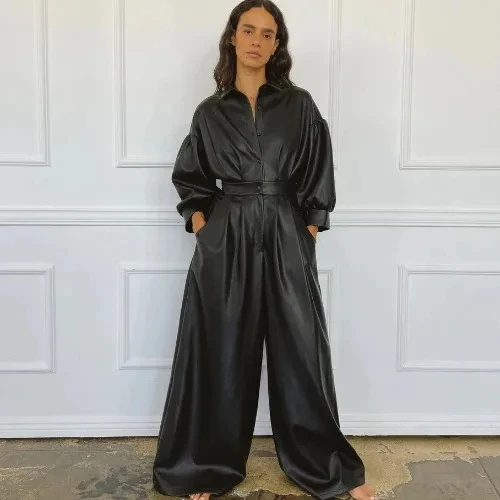 

Fashion Vintage Jumpsuit Black Pu Leather Jumpsuits For Women 2026 Spring Autumn New Casual Loose Retro Solid Color Jumpsuit