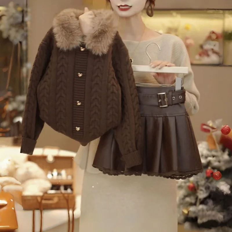

Girls Fur Collar Sweater Leather Pleated Skirt Set 2025 New Autumn Winter New Thick Knitted Sweater Short Skirt Two Piece Set