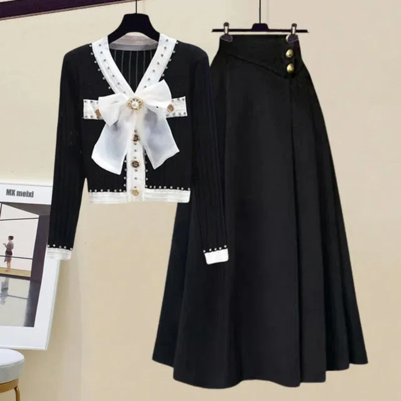 

Весенне-осенний комплект, женский новый корейский тонкий свитер с галстуком-бабочкой и пуговицами, полуюбка, комплект из двух предметов