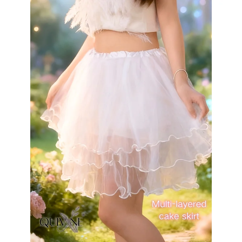Women's Fairy Tutu Skirt, Stretchy Waist Fluffy 3-Layer Cake Skirt, Boneless Skirt Hoop Lined Skirt, Sweet Ballet Mesh Skirt