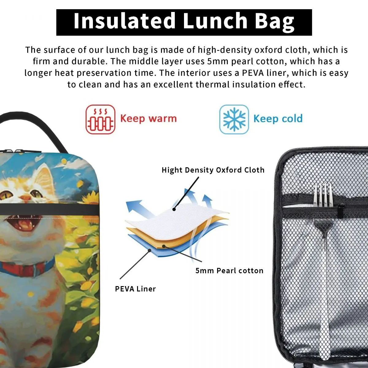 Sunflowers Surround Cat Pattern Insulated Lunch Bag for Women Kids Portable Food Boxes Thermal Lunch Box Tote