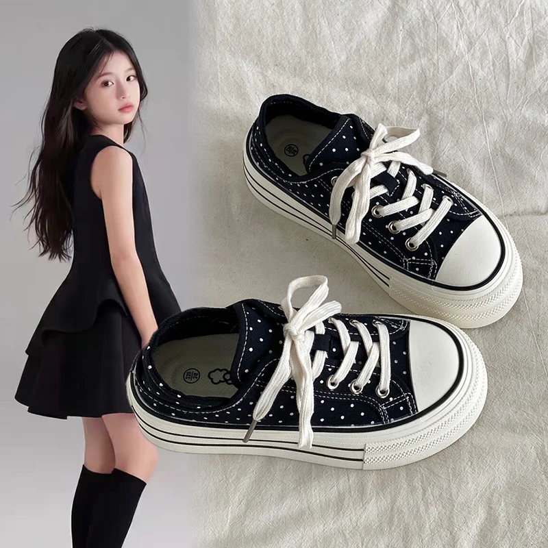 Little Girls Dotted Thick‑Sole Mule Sneakers Lace‑Up Design Comfort Non‑Slip Outsole Shoes For Everyday Occasions