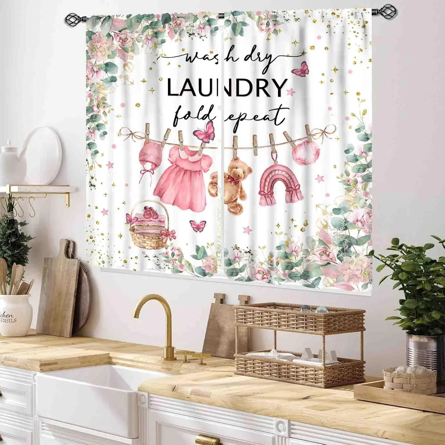 Laundry Room Curtains for Windows, Farmhouse Rustic Watercolor Hanging Baby Clothes Eucalyptus Leaves Pink Floral Laundry Drapes