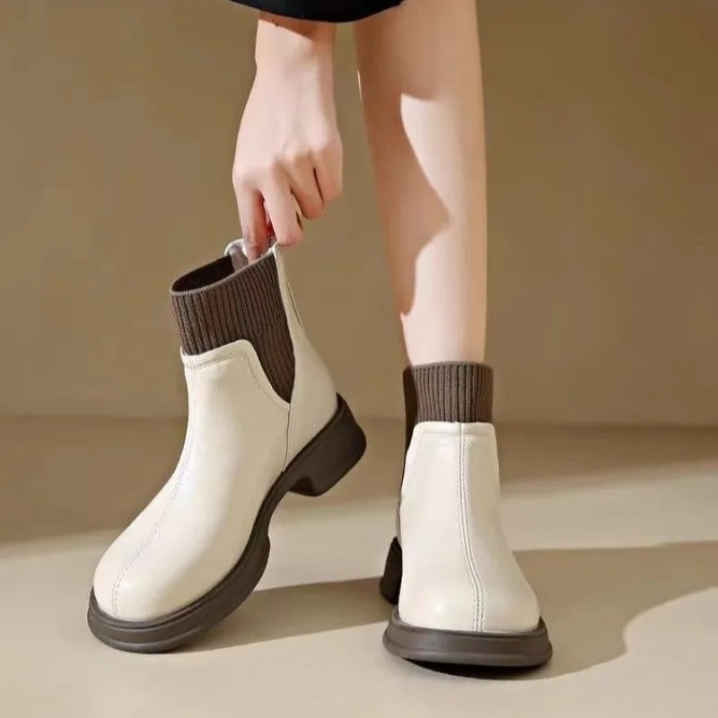 

Autumn Winter Pu Leather Thick Bottom Short Boots Women Round Toe Elastic Ankle Botas British Style Chelsea Boots 2025