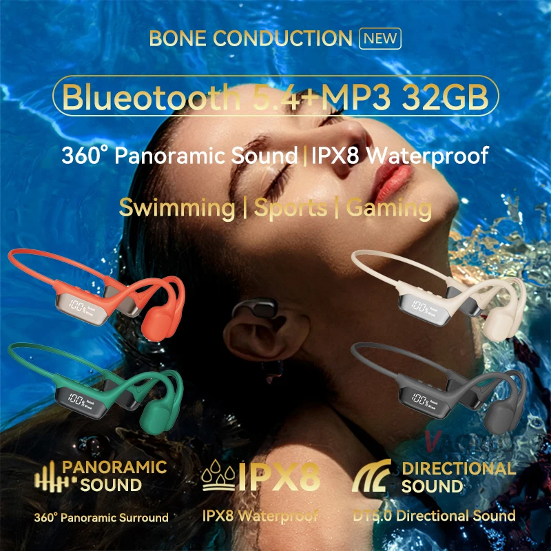 Bluetooth 5.4 True Bone Conduction Headphones IPX8 Waterproof Built-in 32GB Memory MP3 3D Stereo LED Display For Swimming Diving