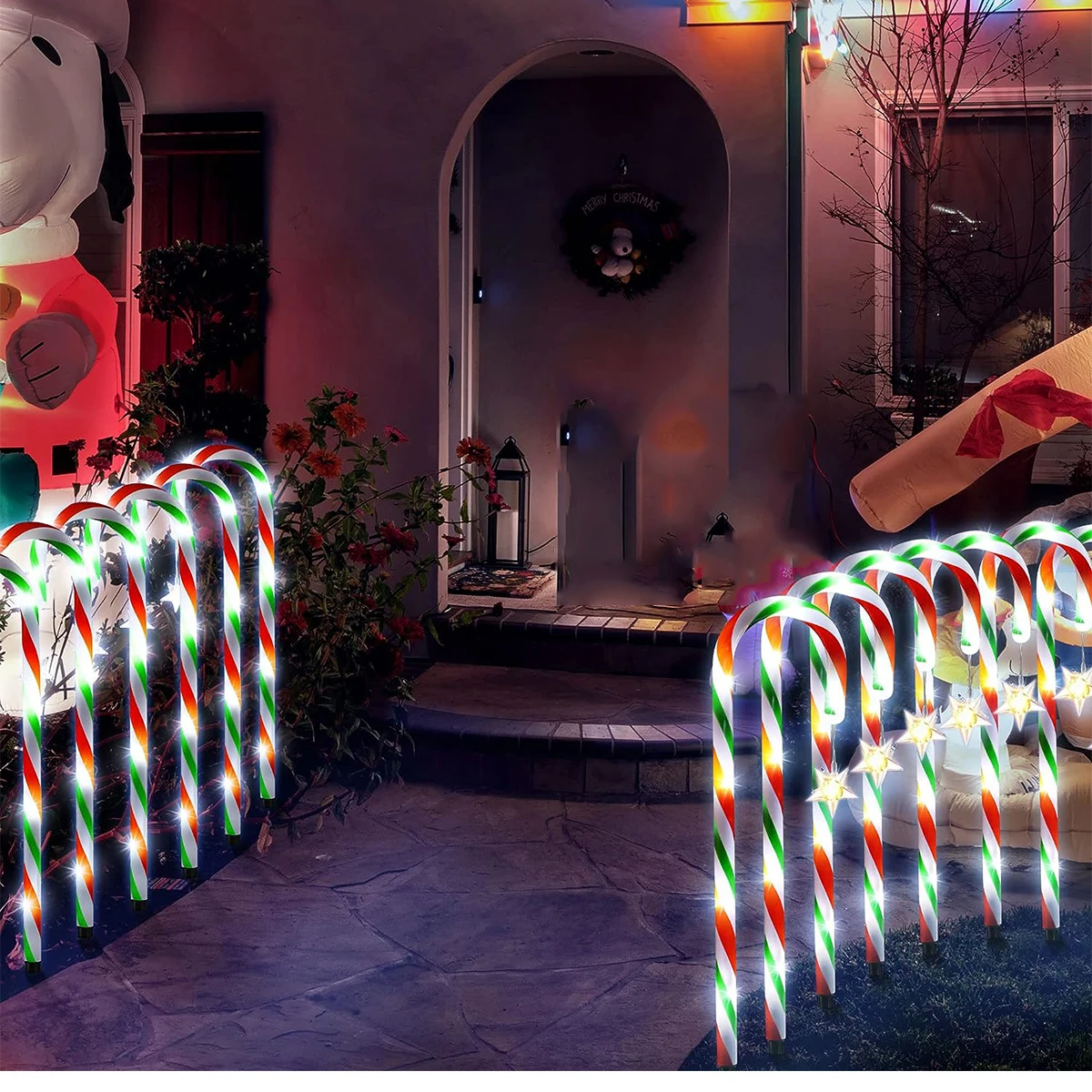 Solar Powered Candy Cane Lights with Stars, Multicolor Striped Xmas Garden Stakes, Waterproof Outdoor Pathway Decor for Driveway