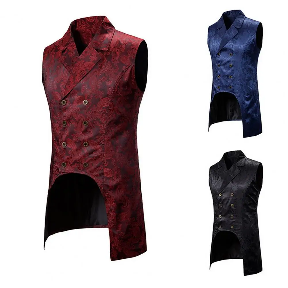 Men Vest Retro Sleeveless Slim Fit Mid Length Vest Lapel Double-breasted Split Hem Loyal Gentlemen Medieval Waistcoat