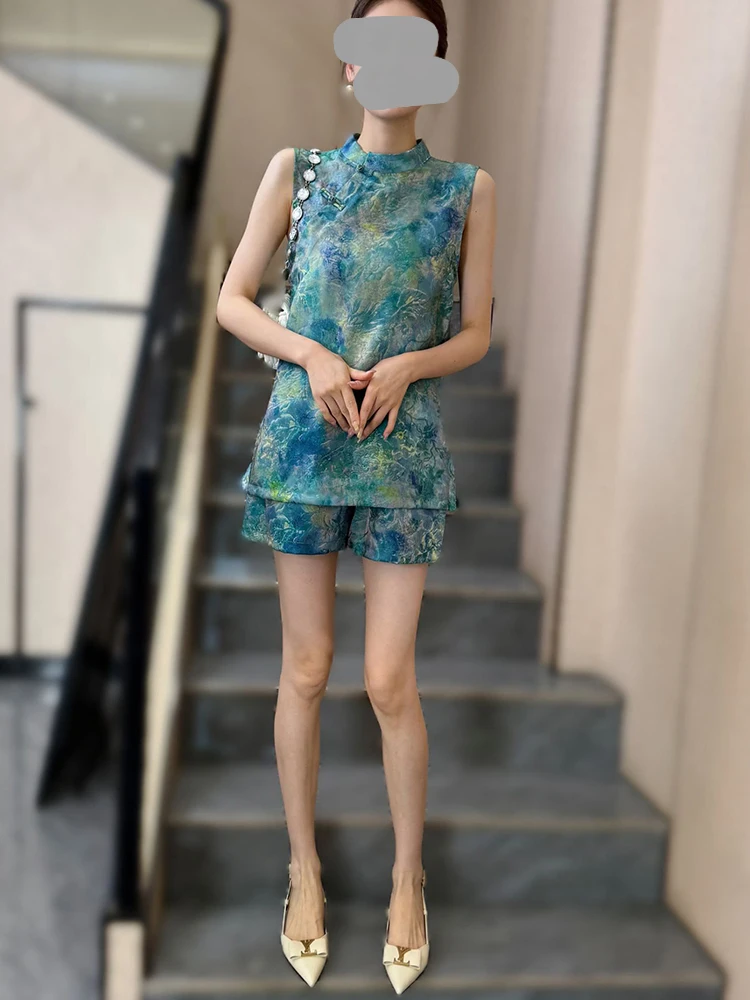 New Summer Chinese Style Set Women's Retro National Silk Tunic Top Shorts Sleeveless Embroidered Buttoned Outfit Two-Piece Set