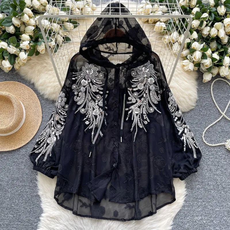 Women's Summer Top Coat Mesh Hood Sequin Beading Embroidery Thin Sun Protection Casual Design Fashion New Niche Versatile Skinny