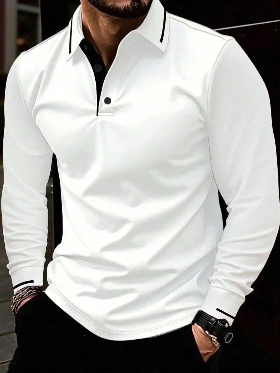 

Men's White Long Sleeve Solid Color Button-Up Polo Shirt Casual Fit Spring Autumn