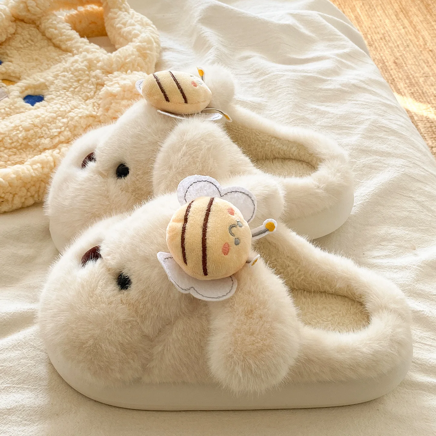 Women's Winter Cute Rabbit Bee Plush Slippers Thick Sole Warm Non Slip Indoor Home Fluffy Slippers for Women - view 5