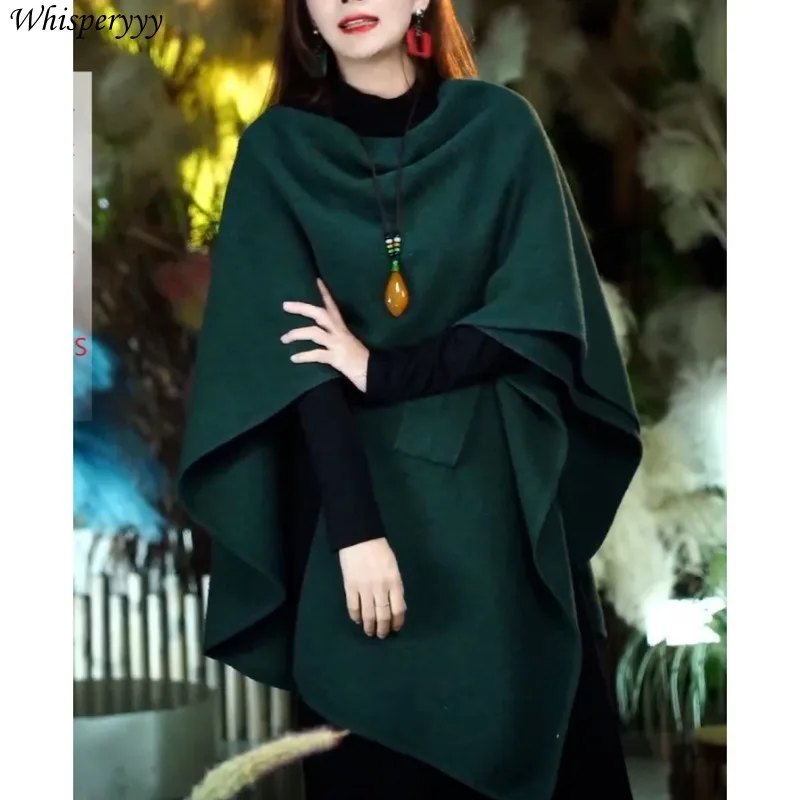 Poncho Women Spring  Autumn Fashion European American Style Shawl Female Outside with Warm Medium Long Loose Loak Coat