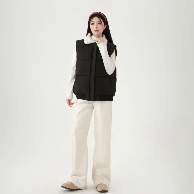 Women Parkas Vest Coats Solid Down Coats Zipper Turndown Fur Collar Sleeveless Straight Fit Thick Casual Office Lady Winter 2025