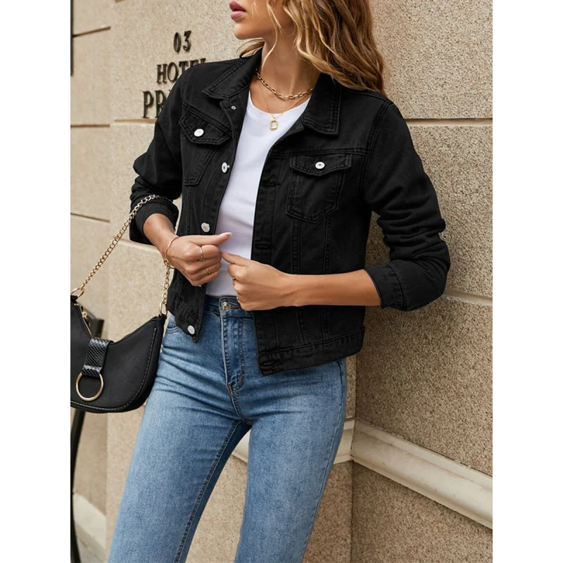 Tops Coats Women Denim Jackets Female Casual Long Sleeve Lapel Solid Button Down Chest Pocket Slim Jean Jacket Fall Winter Coat