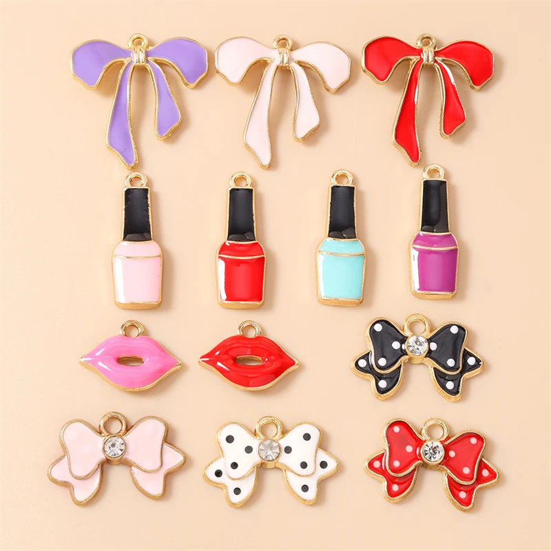 10 Stück Niedliche Emaille-Anhänger mit Roten Lippen und Schleife für die Herstellung von Ohrringen, Anhängern, Halsketten, Armbändern, DIY-Bastelarbeiten und Schmuckzubehör – Detail 1