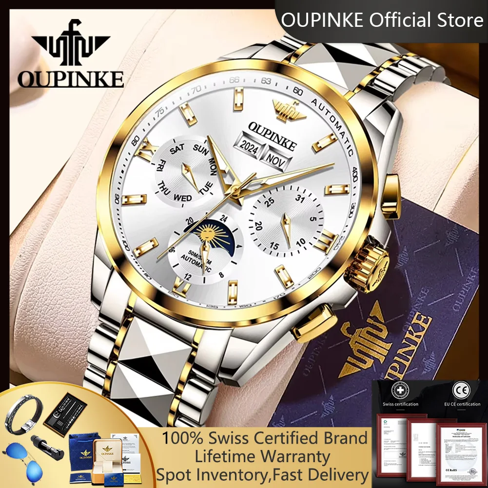 OUPINKE 3201 Hot Sale Men's Watches Tungsten Steel Moon Phase Automatic Mechanical Watch for Men Luxury Business Wristwatch 3201
