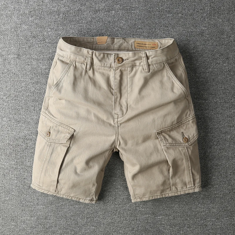 American Retro Workwear Short Pants Men Summer Casual Pure Cotton Five Pockets Outdoor Wear Youthful Straight Leg Trousers