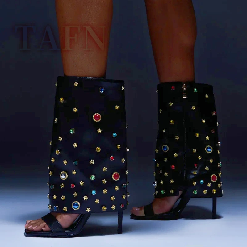 

Women Gemstone-embellished Sandals Boots Square Open Toe Stiletto Heel Mid-calf Boots Ladies Bling Crystal Shoes Botas De Mujer