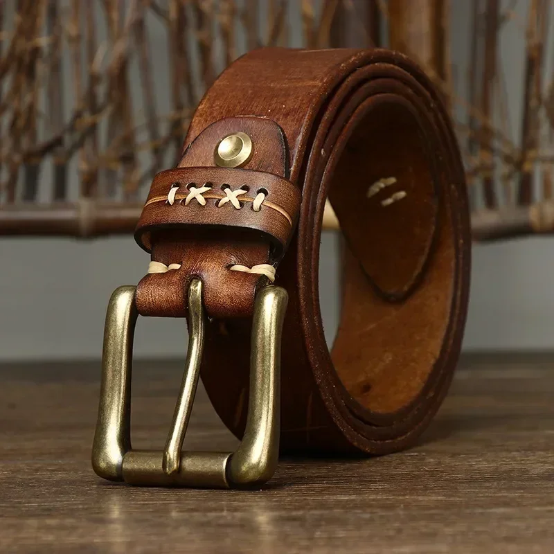 3.8CM Men High Quality Genuine Leather Belt Luxury Designer Brass Pin Buckle Belts Pure Cowskin Vintage Strap Male Jeans for Man