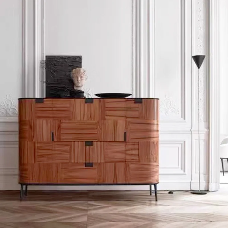 

Medieval solid wood dining side cabinet, high-end apple wood grain rock slab storage decorative cabinet, living room retro entra