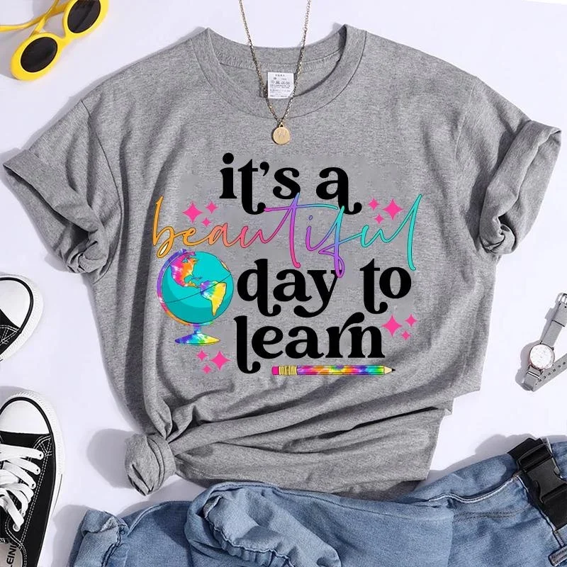 It\'s A Beautiful Day To Learn T-Shirts Summer Casual Round Neck Comfy Short Sleeve Shirt Teacher Appreciation Week Tees