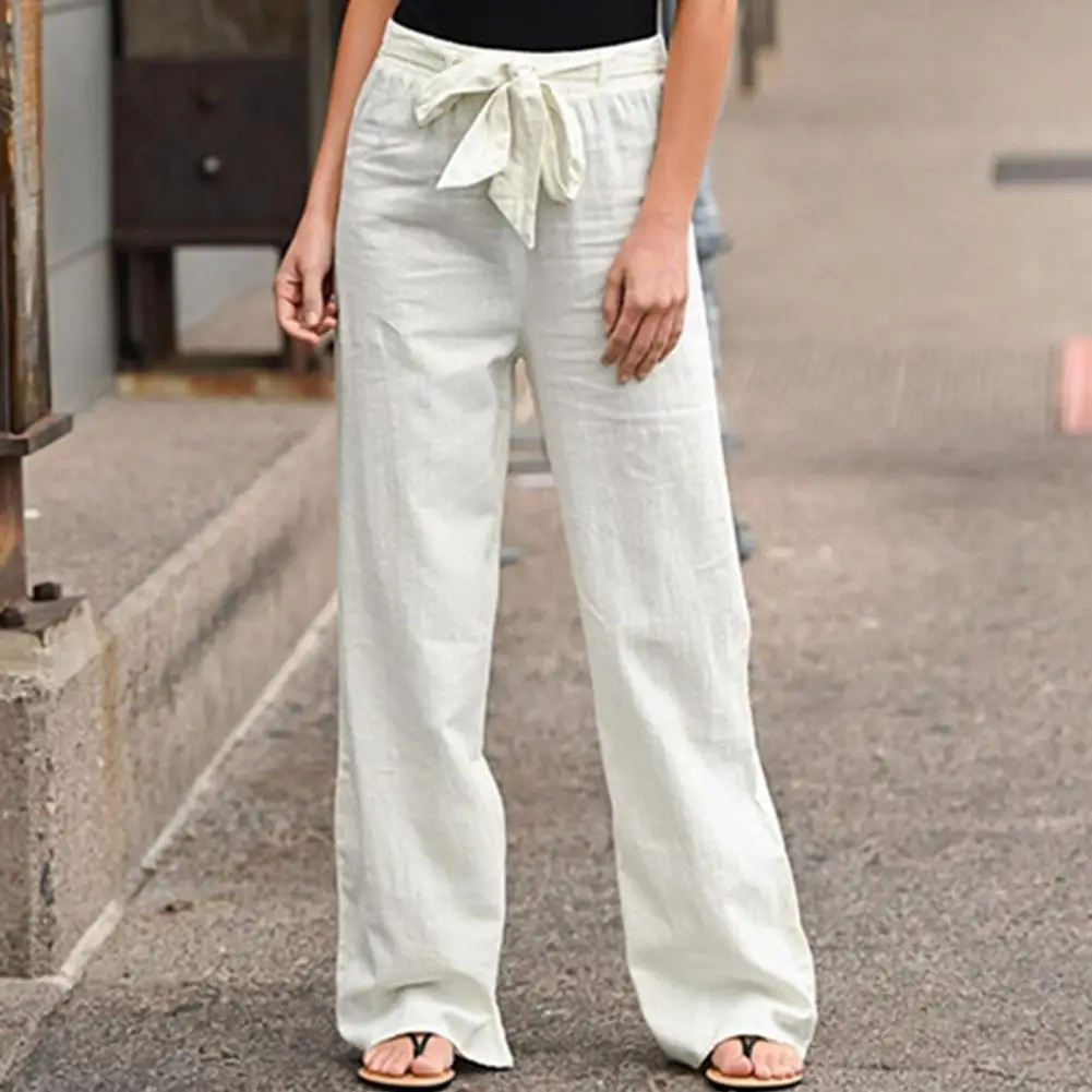 

Women Cotton Linen Pants Summer Fashion Elastic Waist Loose Straight Pants Female Casual Solid Color Ankle-length Trousers 2024