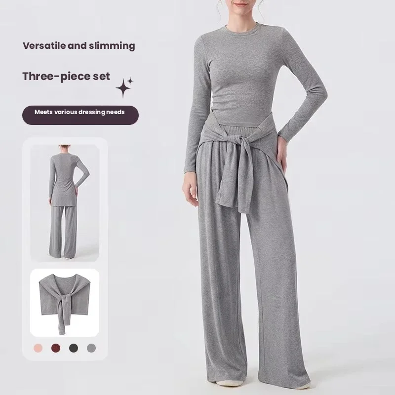 Women Yoga Outfit 3 Piece Set Long Sleeve Workout Cover Up & Tops & Long Pants Stackable Fitness Suit Pilates Sports Clothes