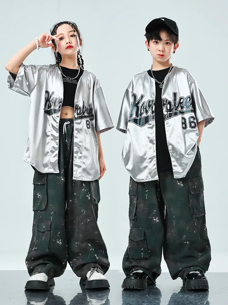 

Kid Kpop Hip Hop Clothing Silver Cardigan Shirt Top Print Gray Green Casual Cargo Pants for Girls Boy Jazz Dance Costume Clothes