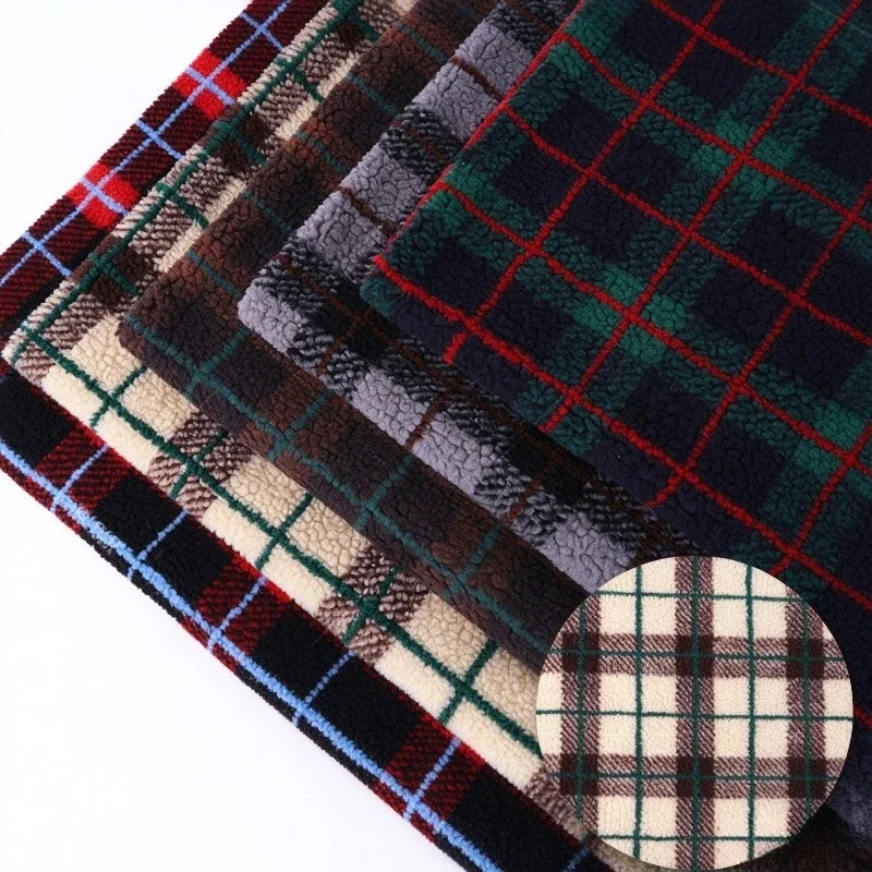 Plaid Jacquard Faux Lamb Fleece Fabric Vintage Check Print Sherpa Cloth for Coat Loungewear Blanket Sofa Upholstery Sewing