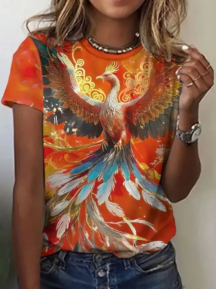 

Популярный товар в национальном стиле 2026 года! Женская коллекция Nirvana Double Phoenix с 3D-принтом, свободного кроя, с короткими рукавами, весна/лето